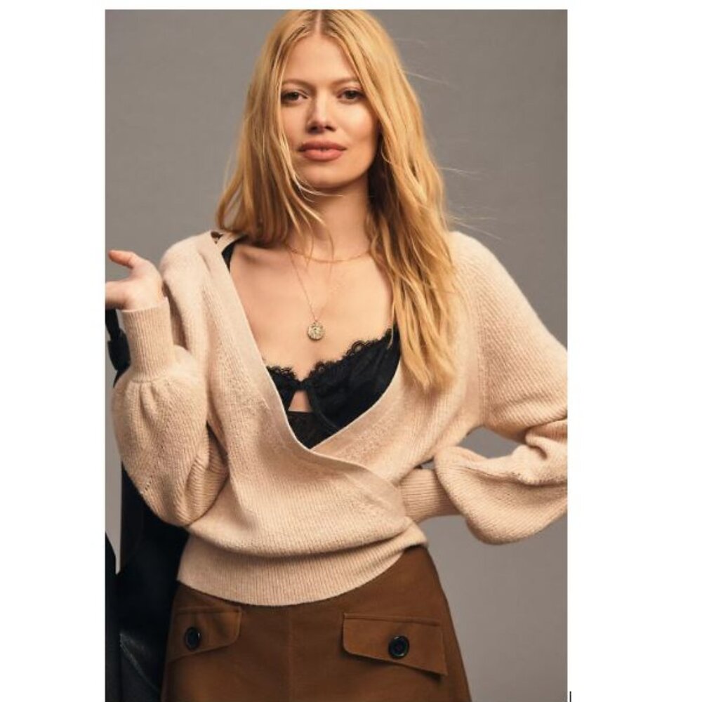 By Anthropologie Deep-V Sweater in Beige - Size X-Small
